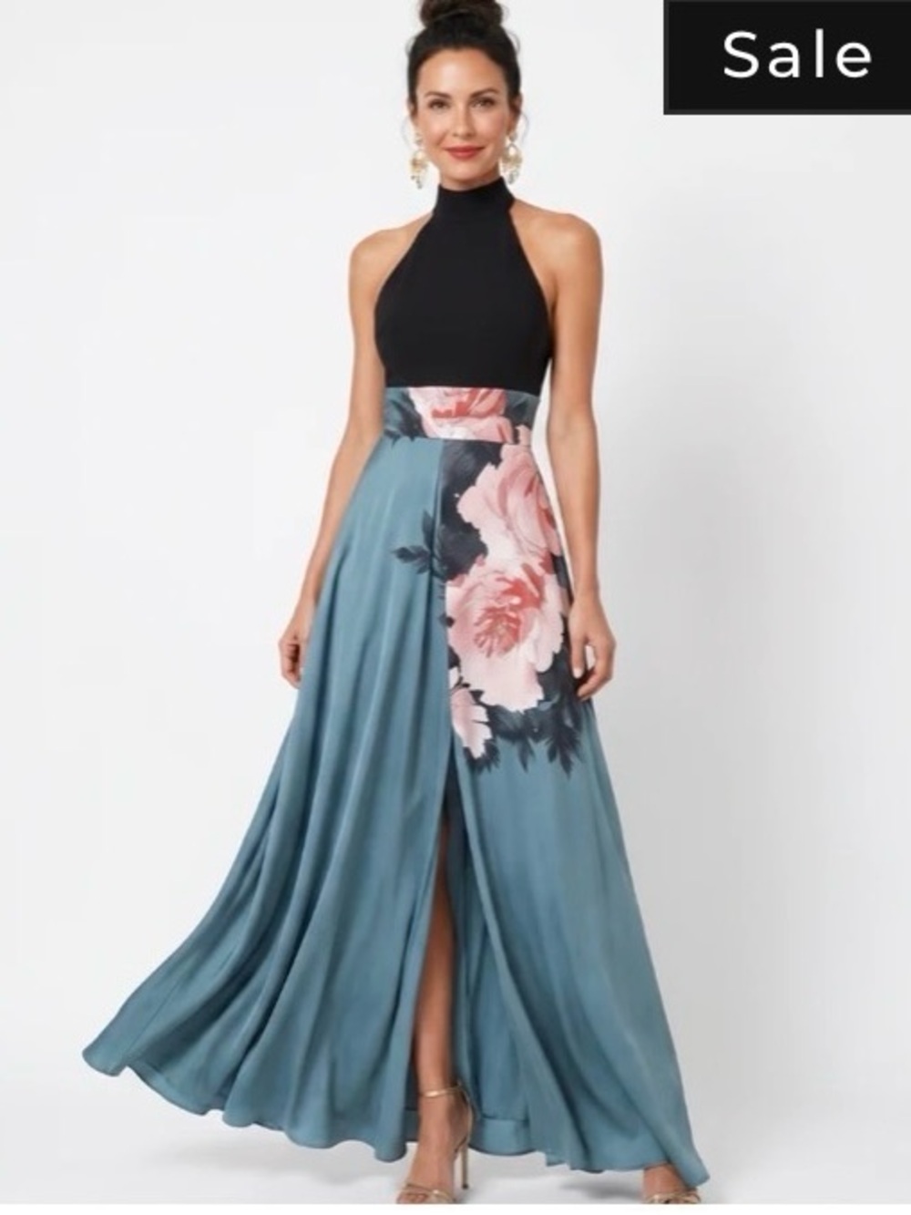 Source Unknown Black Halter Maxi Dress with Blue & Pink Floral Skirt
